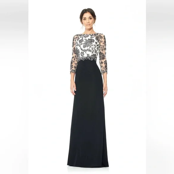 Tadashi Shoji Peony Embroidered Lace Top Black Ivory Gown Dress Size 16 - Picture 1 of 15